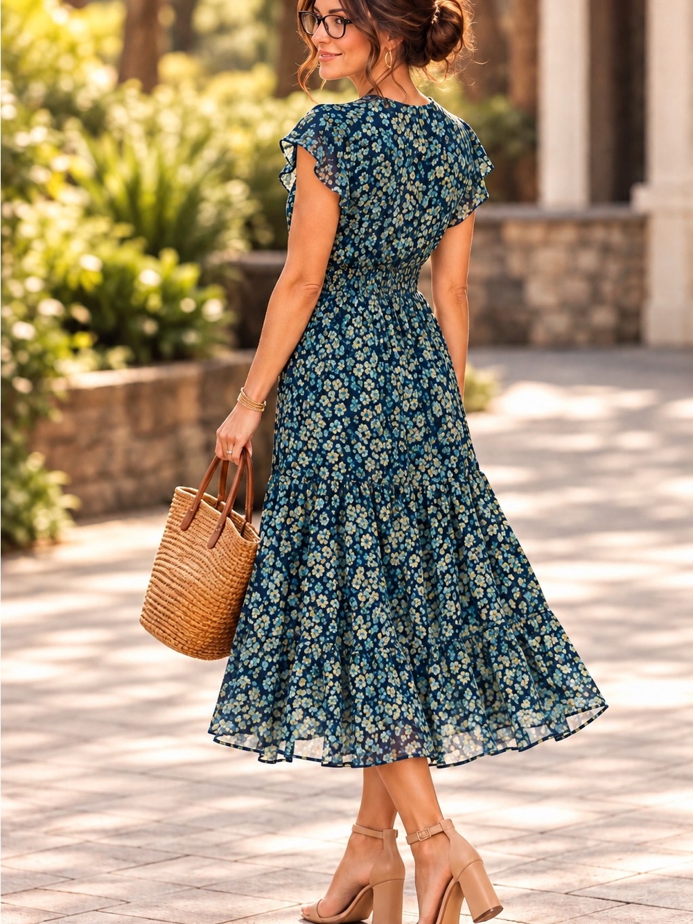 Steve Madden Blue & Teal Floral Boho Midi Dress | Size L - Picture 4 of 9